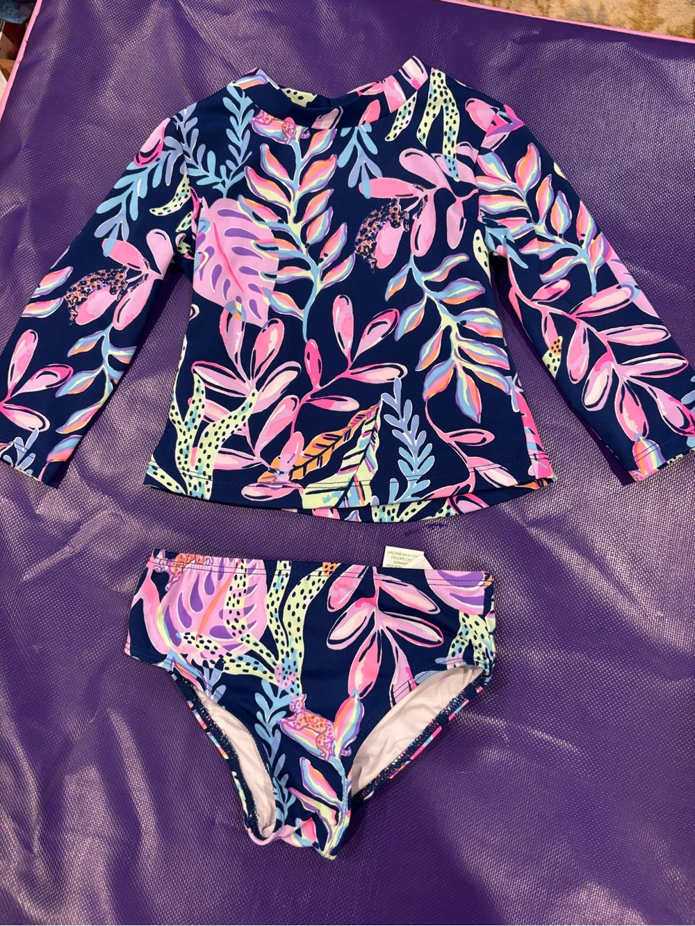 Lilly Pulitzer Navy Swim Rash Guard Set with Pink & Lavender Tropical Print